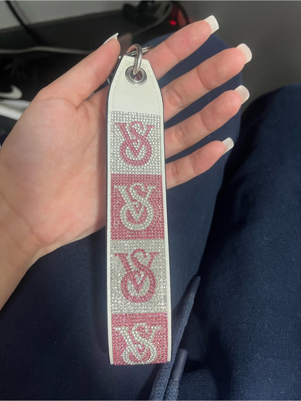 Victoria's Secret White and Pink Crystal Logo Wristlet Key Strap